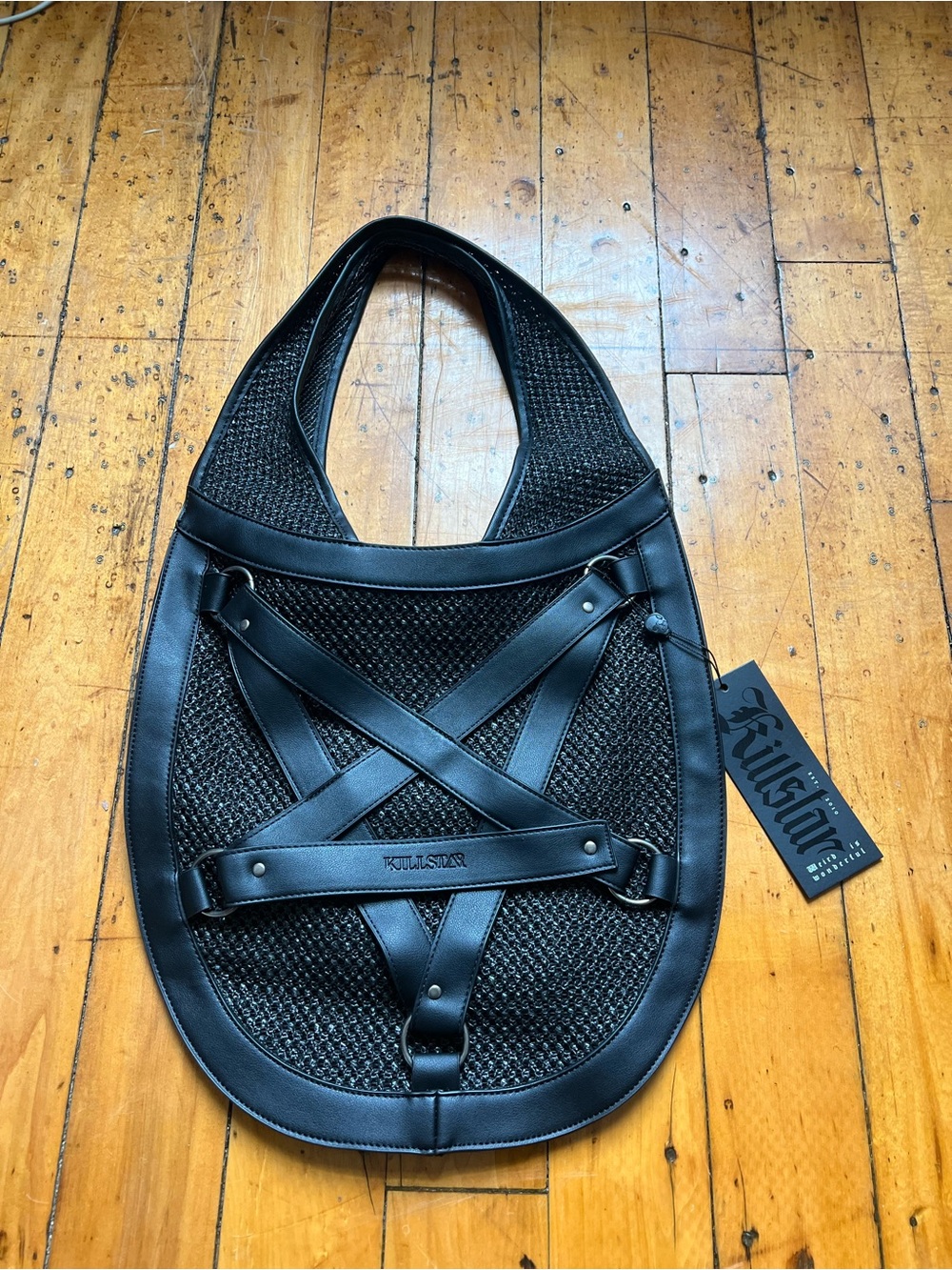 Killstar Pentawaves Pentagram Black Mesh & Faux Leather Cross-Strap Tote